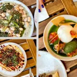Deliciosos platos para comer en Cracovia: alubias cremosas, pizza y burrata con salsa verde.