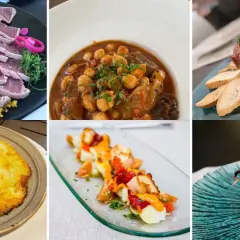 Variedad de platos para comer en Huelva: atún, guiso de garbanzos, tartar, pescado gratinado, pulpo y ensalada.