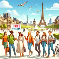 Grupo de turistas felices explorando París, con la Torre Eiffel de fondo y un cartel de "Free Tours".