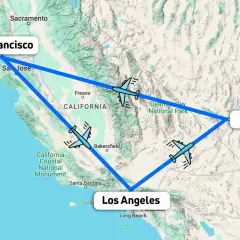 Mapa de la ruta costa oeste eeuu: San Francisco, Los Ángeles y Las Vegas, con aviones marcando el trayecto.