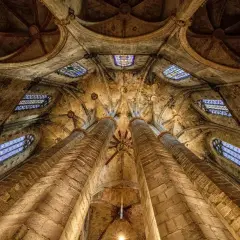 Bóveda gótica de piedra con vidrieras, perfecta para un free tour Barcelona.