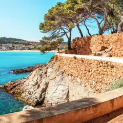 Un sendero serpenteante con muros de piedra y pinos bordeando el mar turquesa. Un hermoso camino de ronda en la Costa Brava.