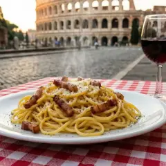Un plato de espaguetis carbonara humeante, una copa de vino tinto y pan en una mesa con mantel a cuadros rojos y blancos. El Coliseo de Roma al fondo. ¡La mejor experiencia donde comer en Roma!
