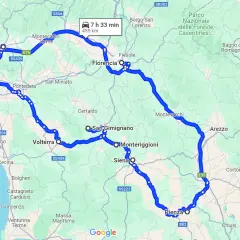 Ruta circular por el norte de Italia, pasando por Pisa, Lucca, Florencia, Siena y Arezzo.