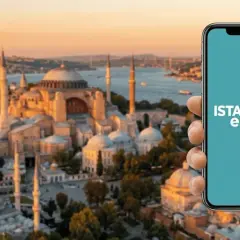 Disfruta tu viaje a Estambul con el Istanbul e-pass en tu móvil. Vista panorámica de la ciudad con la Mezquita Azul y Santa Sofía.
