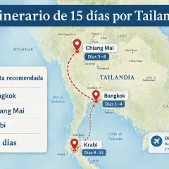 Mapa de un viaje a Tailandia de 15 días, mostrando la ruta recomendada: Bangkok, Chiang Mai y Krabi.