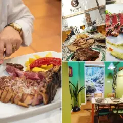 Un festín de carnes y atún sellado, ideal para saber donde comer en Mérida. Mesas listas para disfrutar.
