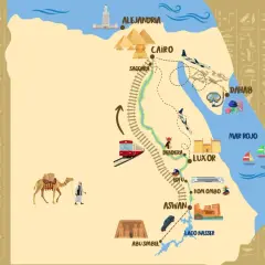 Mapa ilustrado de Egipto con ruta de viaje: Alejandría, El Cairo, Dahab, Luxor, Asuán y Abu Simbel. ¡Ideal para planear tu viaje a Egipto!