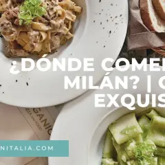 Dos platos de pasta, uno con salsa cremosa y otro con pesto, junto a pan en una cesta. Texto: "¿Dónde comer en Milán? | Guía exquisita".