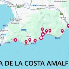 Mapa de la costa Amalfitana con marcadores en pueblos como Sorrento, Positano, Amalfi y Salerno.