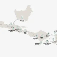 Mapa de un itinerario para viajar a Indonesia, mostrando puntos de interés como Yakarta, Borneo, Yogyakarta, Bali y Lombok, con la duración de la estancia en cada lugar.