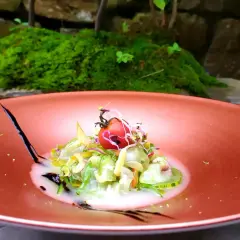 Deliciosa ensalada con tomate y brotes, una opción para saber donde comer en Lierganes.