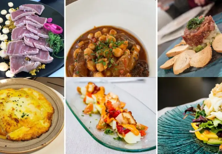 Variedad de platos para comer en Huelva: atún, guiso de garbanzos, tartar, pescado gratinado, pulpo y ensalada.