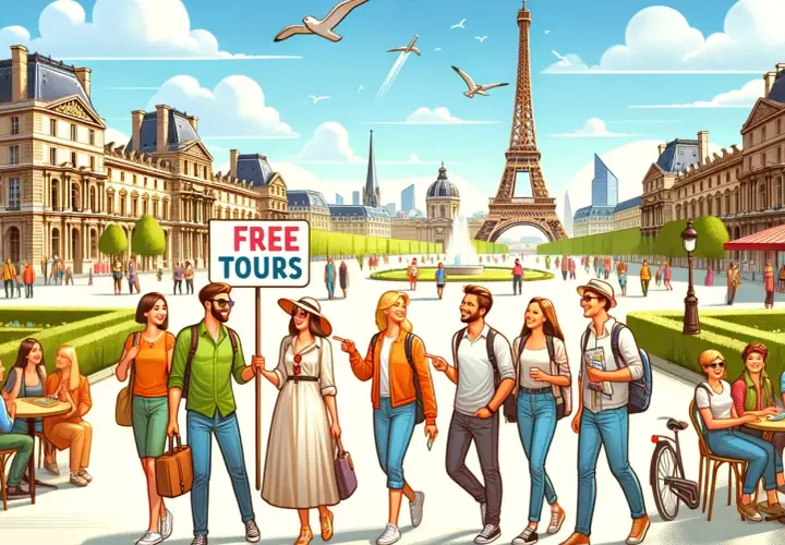Grupo de turistas felices explorando París, con la Torre Eiffel de fondo y un cartel de "Free Tours".