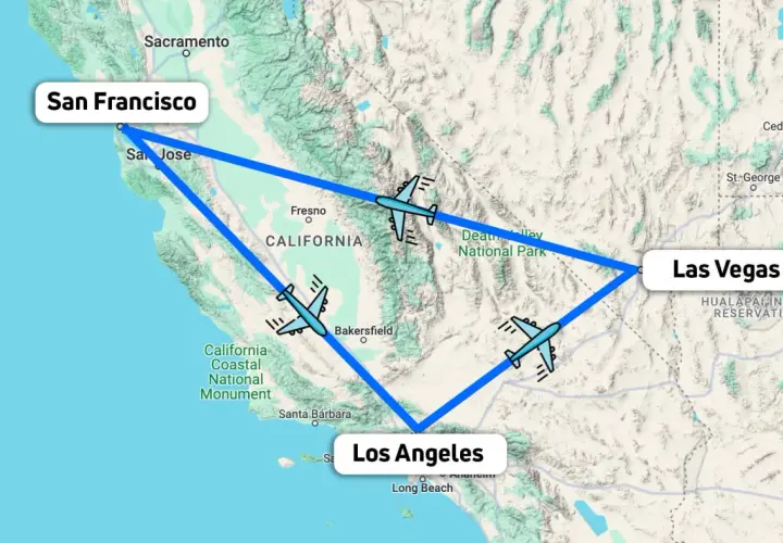 Mapa de la ruta costa oeste eeuu: San Francisco, Los Ángeles y Las Vegas, con aviones marcando el trayecto.