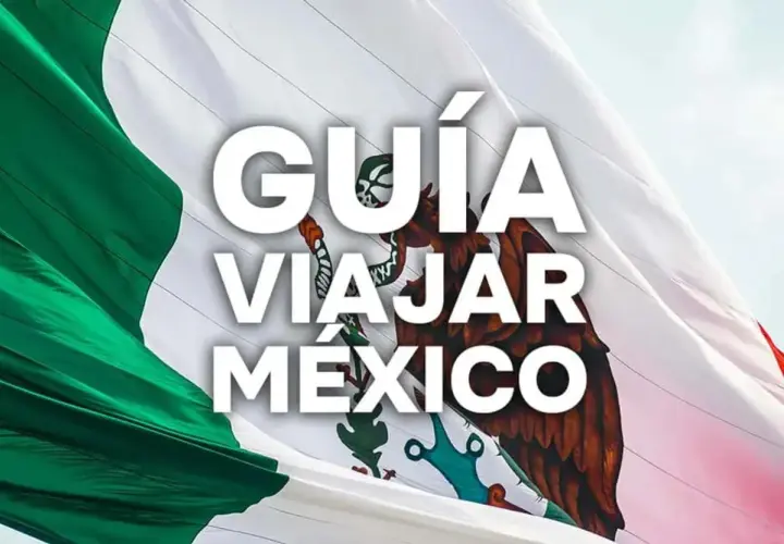 La bandera de México ondea con orgullo. Texto blanco: "GUÍA VIAJAR MÉXICO". ¡Prepárate para tu aventura!