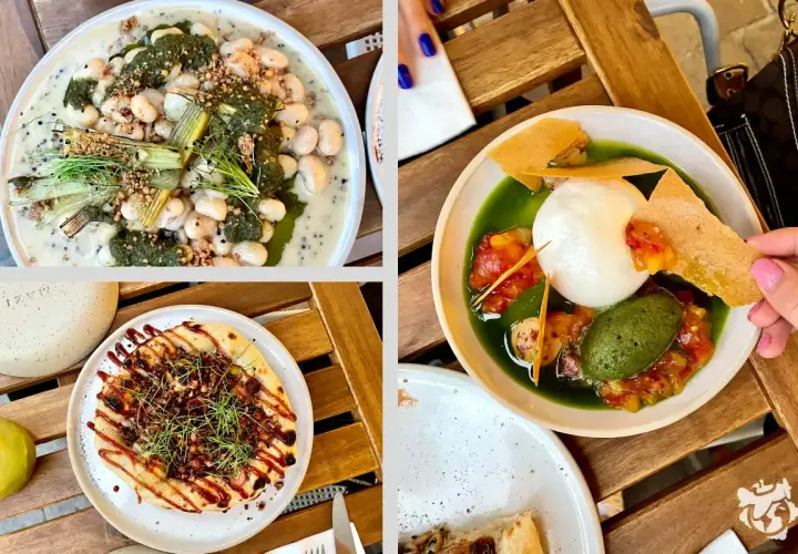 Deliciosos platos para comer en Cracovia: alubias cremosas, pizza y burrata con salsa verde.