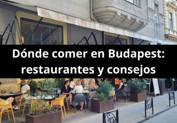 Gente disfrutando de una comida al aire libre en Budapest. El texto dice "Dónde comer en Budapest: restaurantes y consejos".