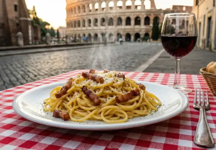 Un plato de espaguetis carbonara humeante, una copa de vino tinto y pan en una mesa con mantel a cuadros rojos y blancos. El Coliseo de Roma al fondo. ¡La mejor experiencia donde comer en Roma!