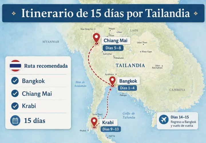 Mapa de un viaje a Tailandia de 15 días, mostrando la ruta recomendada: Bangkok, Chiang Mai y Krabi.