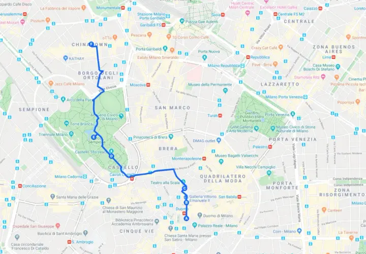 Ruta a pie por Milán: Duomo, Galleria Vittorio Emanuele II, Teatro alla Scala, Castello Sforzesco, Parco Sempione. Ideal para ver en Milán en 2 días.