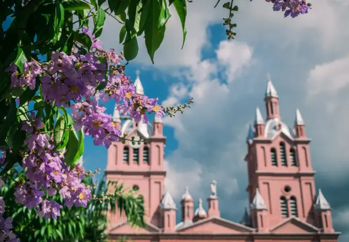 Flores lilas en primer plano y una iglesia rosada con torres al fondo. Un paisaje que sugiere la mejor época para viajar a Colombia.