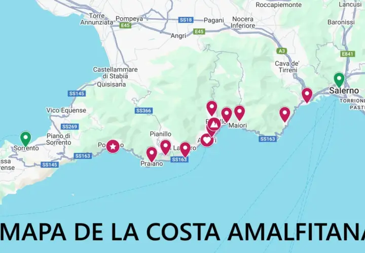 Mapa de la costa Amalfitana con marcadores en pueblos como Sorrento, Positano, Amalfi y Salerno.