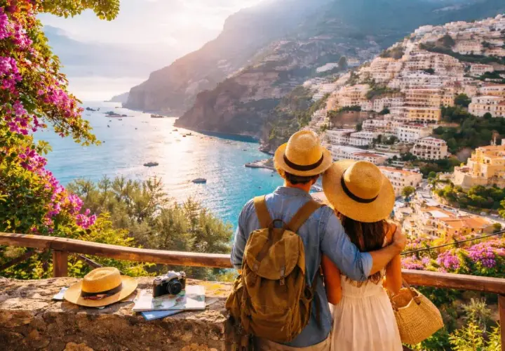 Pareja con sombreros admira la costa italiana. Planear cómo viajar barato es clave para disfrutar de vistas así.
