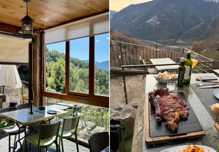 Comer en Huesca con vistas espectaculares. Un chuletón jugoso y patatas fritas esperan en una terraza montañosa.
