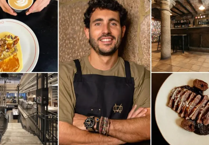 Chef sonriente, plato de pato con higos, café latte art y el interior de un restaurante moderno. Ideas para donde comer en Pontevedra.