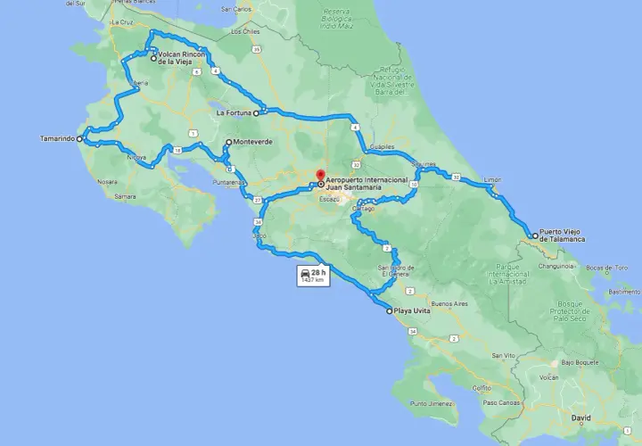 Ruta detallada para viajar a Costa Rica, incluyendo volcanes, playas y parques nacionales.