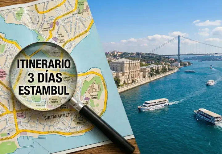 Planifica tu itinerario de 3 días en Estambul con este mapa y lupa, mientras admiras el Bósforo y sus barcos.