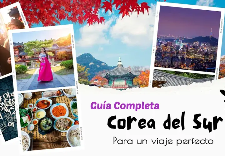 Imágenes de Corea del Sur: una mujer con hanbok, comida, ciudad de noche y un avión. ¡Prepárate para viajar a Corea del Sur!