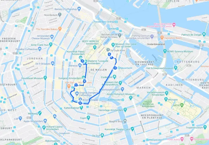 Mapa de Ámsterdam con ruta para ver en Ámsterdam en 3 días: canales, museos y barrios.