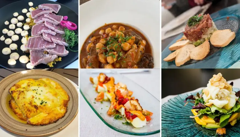Variedad de platos para comer en Huelva: atún, guiso de garbanzos, tartar, pescado gratinado, pulpo y ensalada.