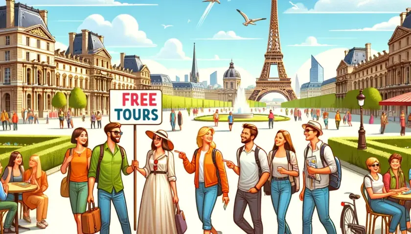 Grupo de turistas felices explorando París, con la Torre Eiffel de fondo y un cartel de "Free Tours".