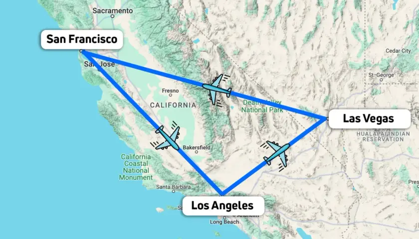 Mapa de la ruta costa oeste eeuu: San Francisco, Los Ángeles y Las Vegas, con aviones marcando el trayecto.