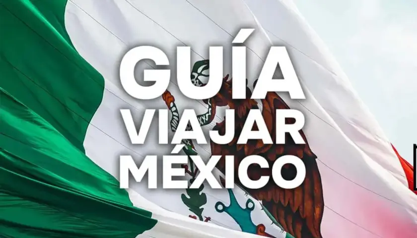 La bandera de México ondea con orgullo. Texto blanco: "GUÍA VIAJAR MÉXICO". ¡Prepárate para tu aventura!