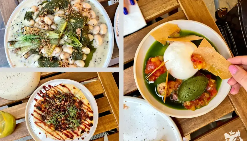 Deliciosos platos para comer en Cracovia: alubias cremosas, pizza y burrata con salsa verde.