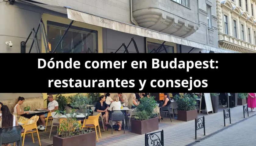 Gente disfrutando de una comida al aire libre en Budapest. El texto dice "Dónde comer en Budapest: restaurantes y consejos".