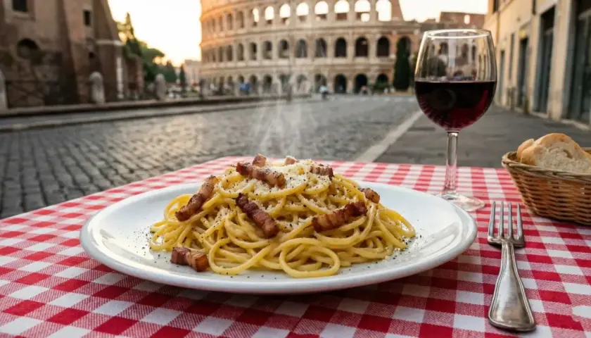 Un plato de espaguetis carbonara humeante, una copa de vino tinto y pan en una mesa con mantel a cuadros rojos y blancos. El Coliseo de Roma al fondo. ¡La mejor experiencia donde comer en Roma!
