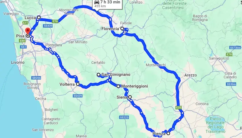 Ruta circular por el norte de Italia, pasando por Pisa, Lucca, Florencia, Siena y Arezzo.