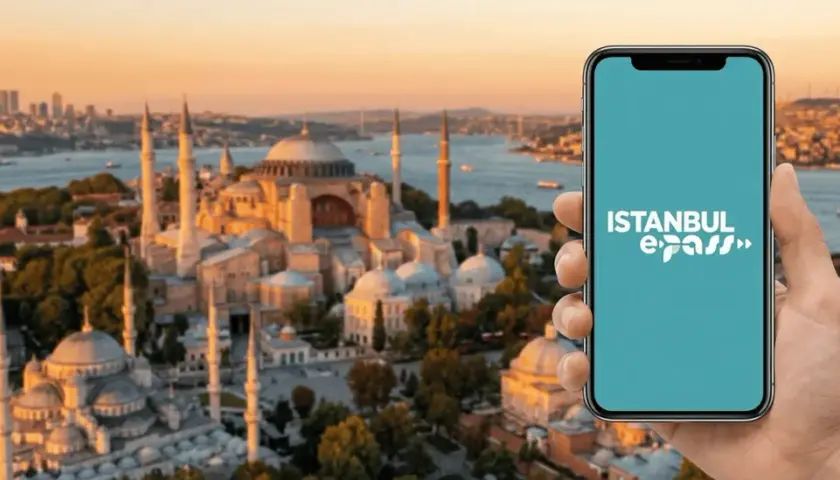 Disfruta tu viaje a Estambul con el Istanbul e-pass en tu móvil. Vista panorámica de la ciudad con la Mezquita Azul y Santa Sofía.