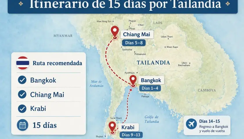 Mapa de un viaje a Tailandia de 15 días, mostrando la ruta recomendada: Bangkok, Chiang Mai y Krabi.