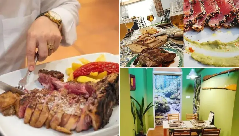 Un festín de carnes y atún sellado, ideal para saber donde comer en Mérida. Mesas listas para disfrutar.