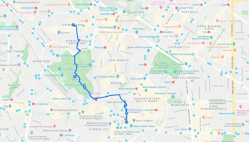 Ruta a pie por Milán: Duomo, Galleria Vittorio Emanuele II, Teatro alla Scala, Castello Sforzesco, Parco Sempione. Ideal para ver en Milán en 2 días.