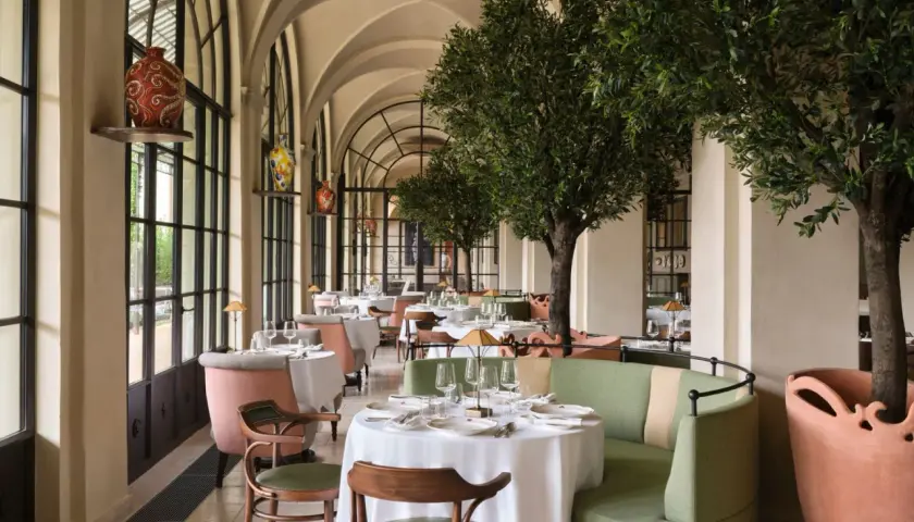 Elegante comedor con mesas vestidas y árboles de olivo, ideal para saber donde comer en Florencia.