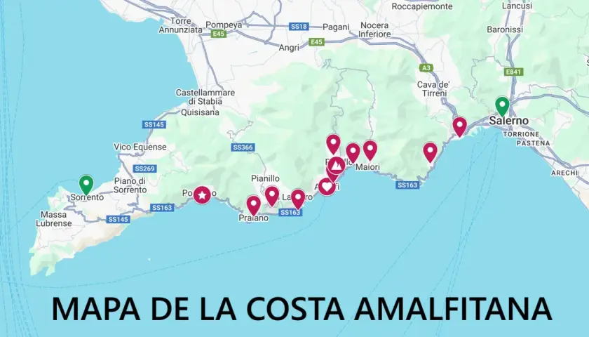 Mapa de la costa Amalfitana con marcadores en pueblos como Sorrento, Positano, Amalfi y Salerno.