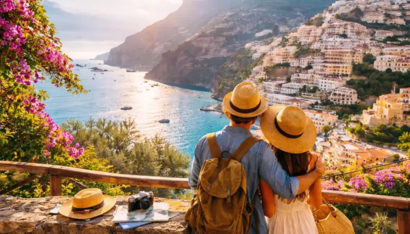 Pareja con sombreros admira la costa italiana. Planear cómo viajar barato es clave para disfrutar de vistas así.