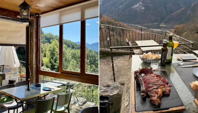 Comer en Huesca con vistas espectaculares. Un chuletón jugoso y patatas fritas esperan en una terraza montañosa.